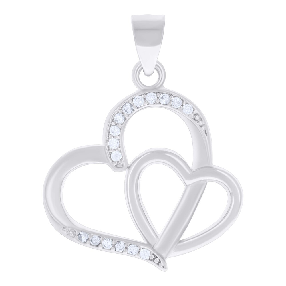 925 Sterling Silver Womens Cubic-Zirconia Double Heart Charm Pendant
